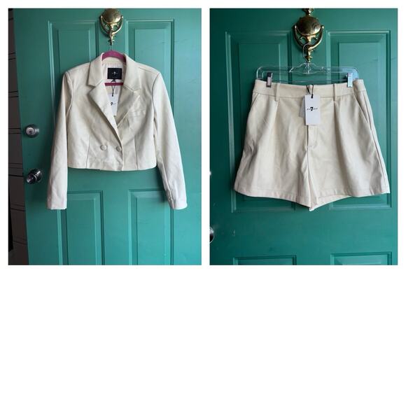 7 For All Mankind Medium Faux Leather Blazer and Short Set in a cream NEW - Picture 2 of 16